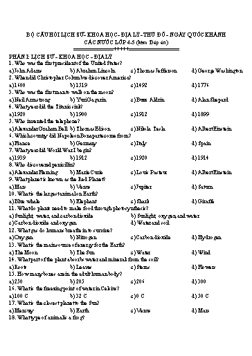 Bộ 120 câu hỏi mở rộng IOE về Lịch sử, Khoa học, Địa lý, Thủ đô, Ngày quốc khánh các nước Lớp 4-5 (Có đáp án)