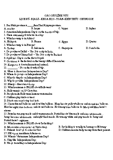 Bộ 69 câu hỏi mở rộng IOE - Các câu lĩnh vực Lịch sử, Địa lý, Khoa học, Toán, Kiến thức chung (Có đáp án)